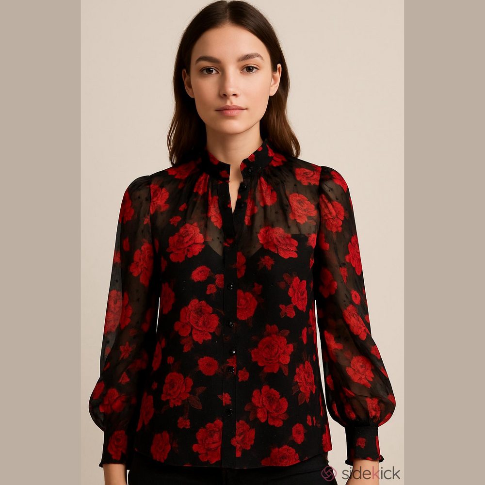 Chicos Sheer Red Black Floral Ruffled Blouse NWT 2